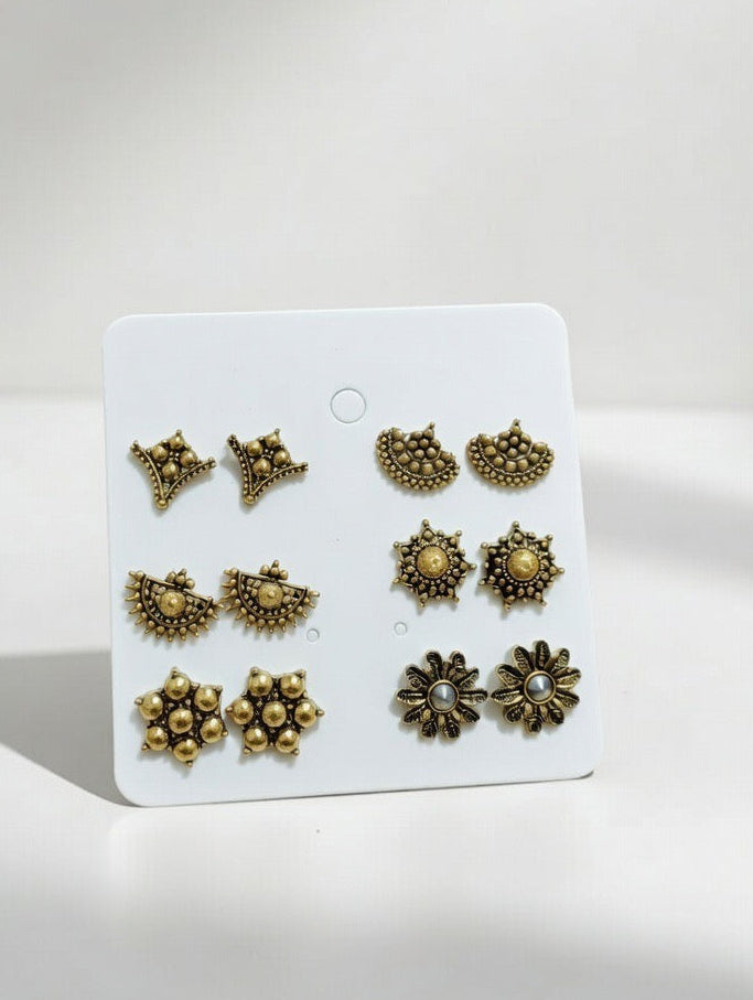 Vintage Gold Stud Earrings Set – 6 Pairs Antique Style Fashion Jewelry