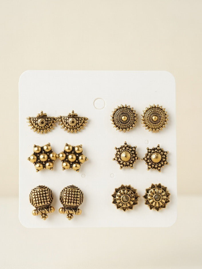 Vintage Gold Stud Earrings Set – 6 Pairs Antique Style Fashion Jewelry